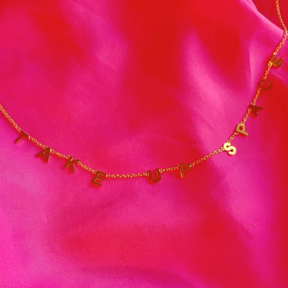 New in box - TAKE UP SPACE necklace in w/BTE sticker & Me Heart temp tattoo